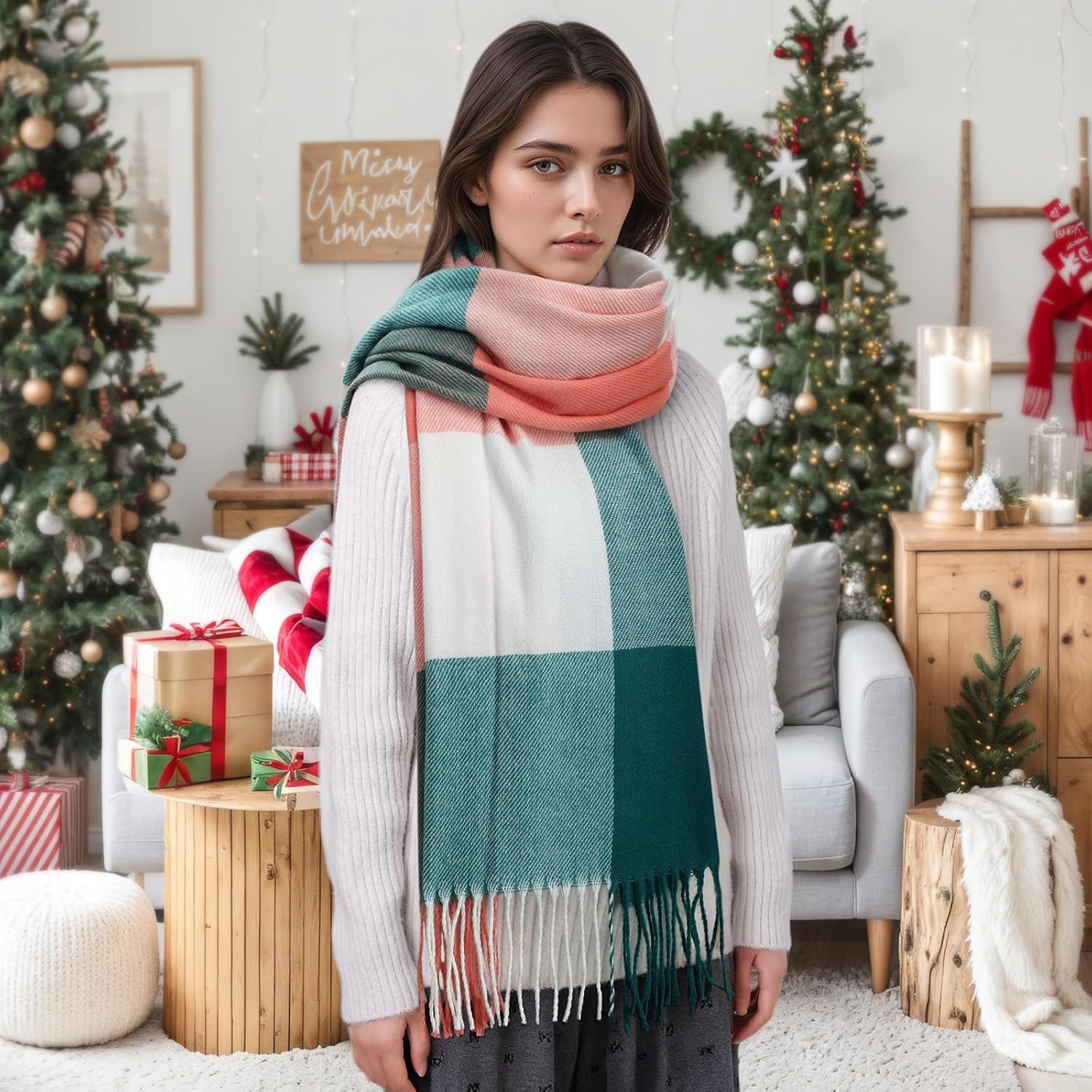 Women's Plaid Winter Scarf – Cashmere Feel Pashmina Shawl & Wrap