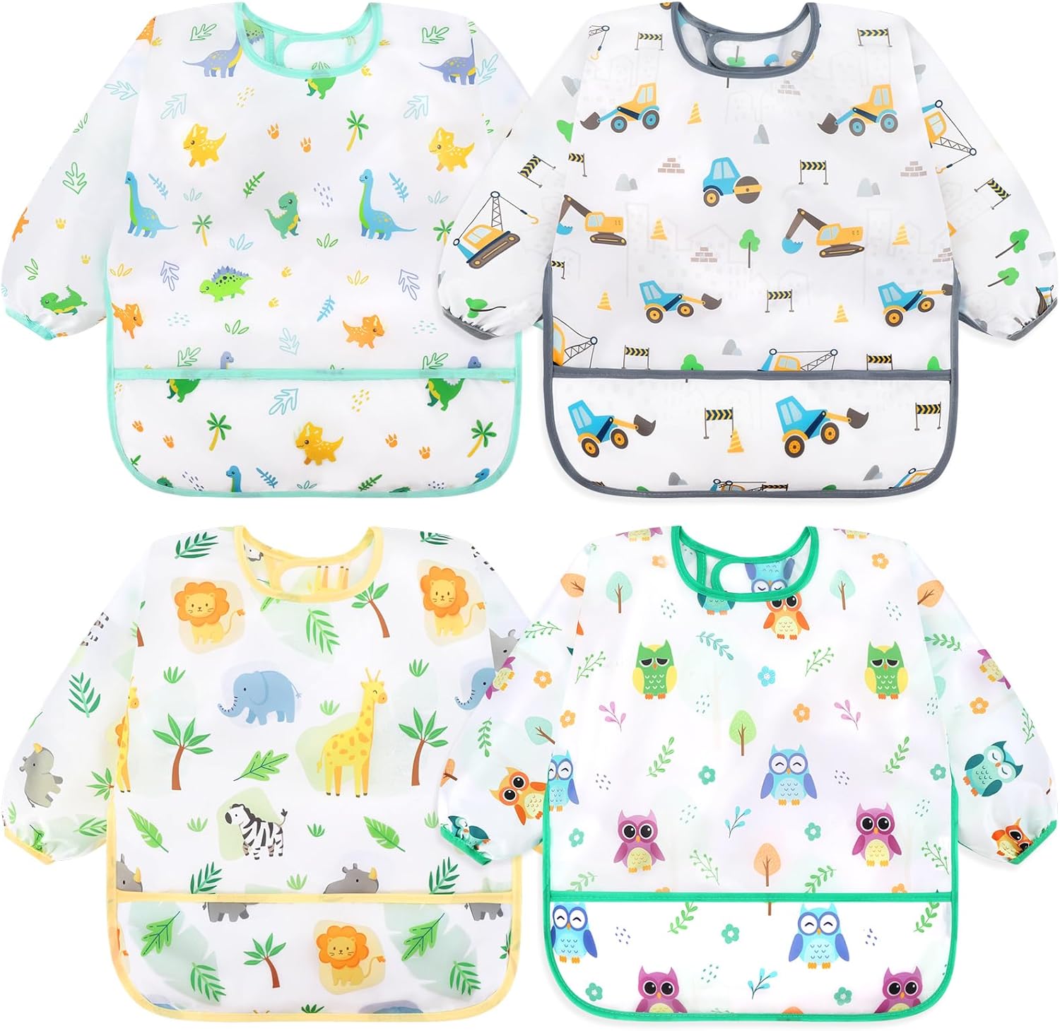 4 Pack Long Sleeve Bibs, Baby Smock Waterproof Sleeved Bib Smock for Baby Toddler 6-36 Months