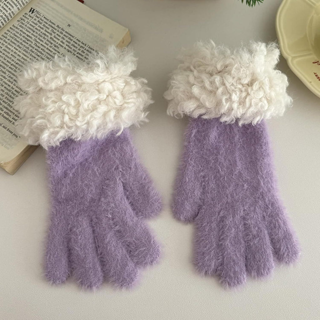 Women's Soft Plush Touch Screen Gloves, Cute Winter Warm Knitted Hand Muffs with Index Thumb Finger Holes