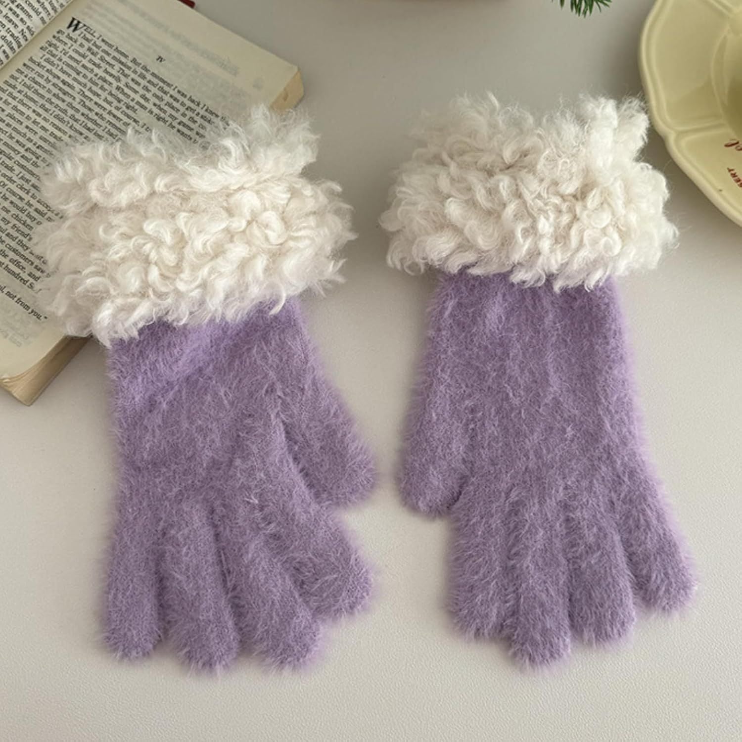 Women's Soft Plush Touch Screen Gloves, Cute Winter Warm Knitted Hand Muffs with Index Thumb Finger Holes