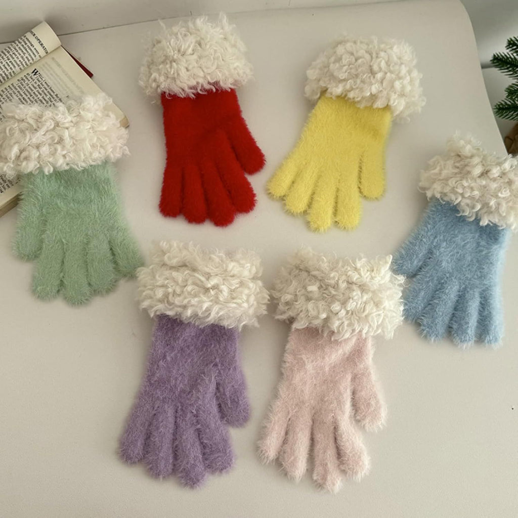 Women's Soft Plush Touch Screen Gloves, Cute Winter Warm Knitted Hand Muffs with Index Thumb Finger Holes