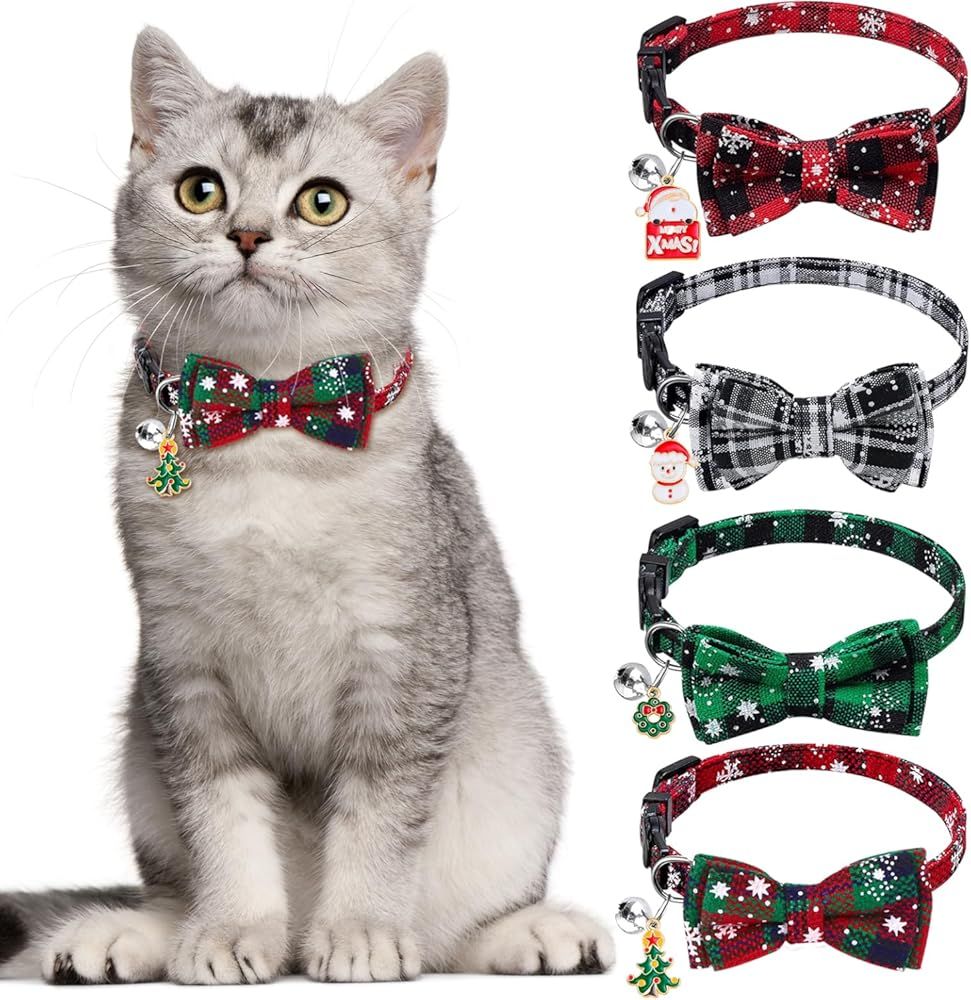 4 Pack Christmas Cat Collars with Adjustable Breakaway Bow Tie Bell Plaid Snowflake Xmas Pet Supplies for Cats