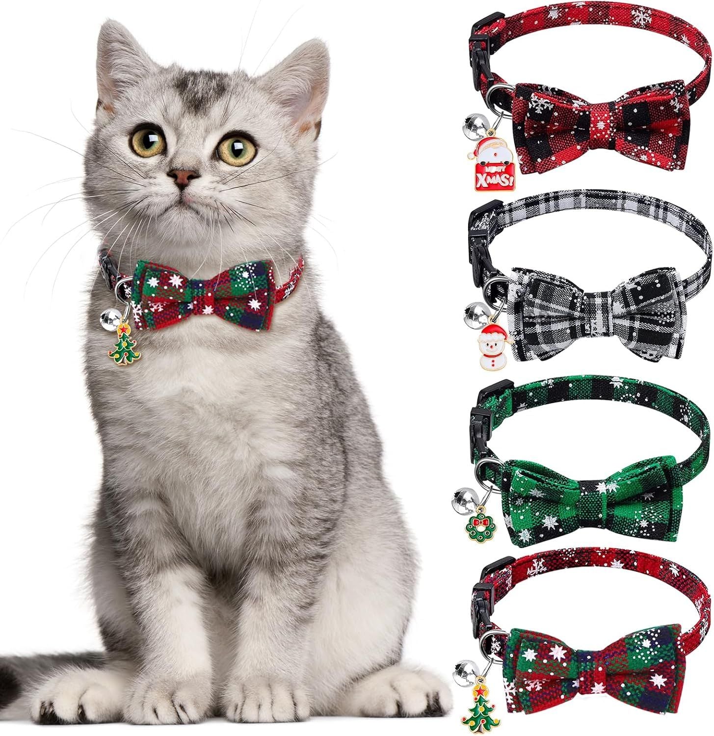 4 Pack Christmas Cat Collars with Adjustable Breakaway Bow Tie Bell Plaid Snowflake Xmas Pet Supplies for Cats