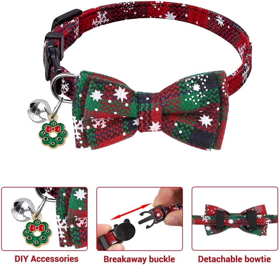 4 Pack Christmas Cat Collars with Adjustable Breakaway Bow Tie Bell Plaid Snowflake Xmas Pet Supplies for Cats