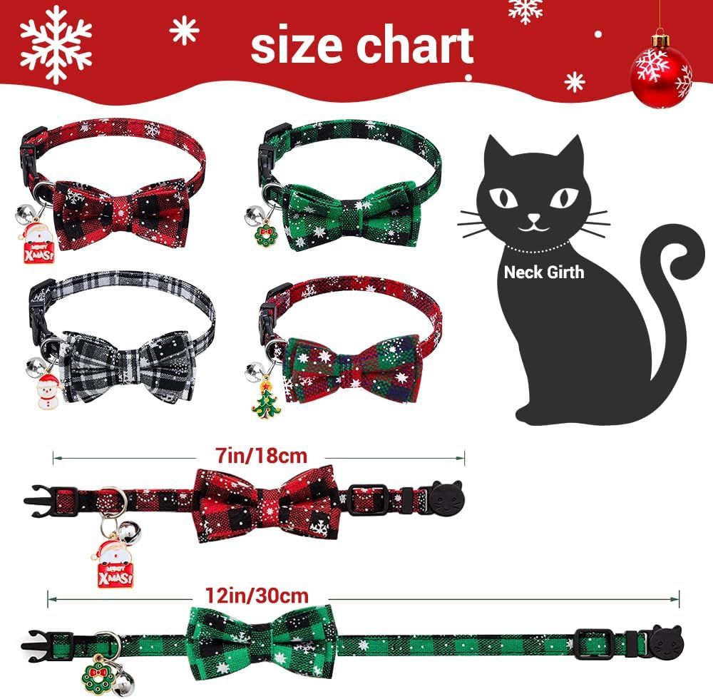 4 Pack Christmas Cat Collars with Adjustable Breakaway Bow Tie Bell Plaid Snowflake Xmas Pet Supplies for Cats