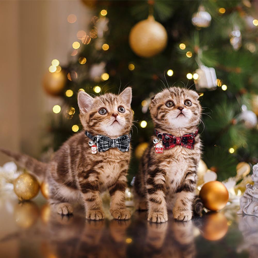 4 Pack Christmas Cat Collars with Adjustable Breakaway Bow Tie Bell Plaid Snowflake Xmas Pet Supplies for Cats