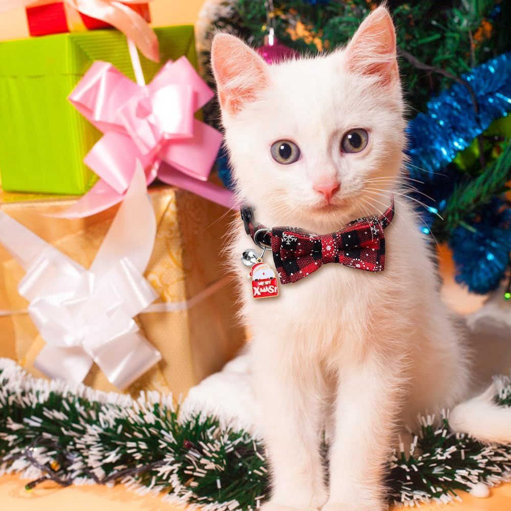 4 Pack Christmas Cat Collars with Adjustable Breakaway Bow Tie Bell Plaid Snowflake Xmas Pet Supplies for Cats