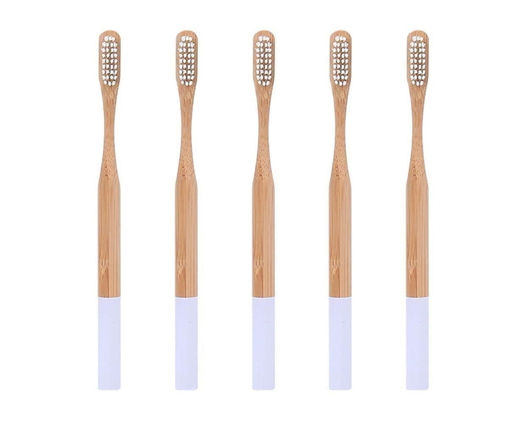 5Pcs Round Bamboo Handle Home Travel Adult Soft Bristles Dental Care Toothbrush-White