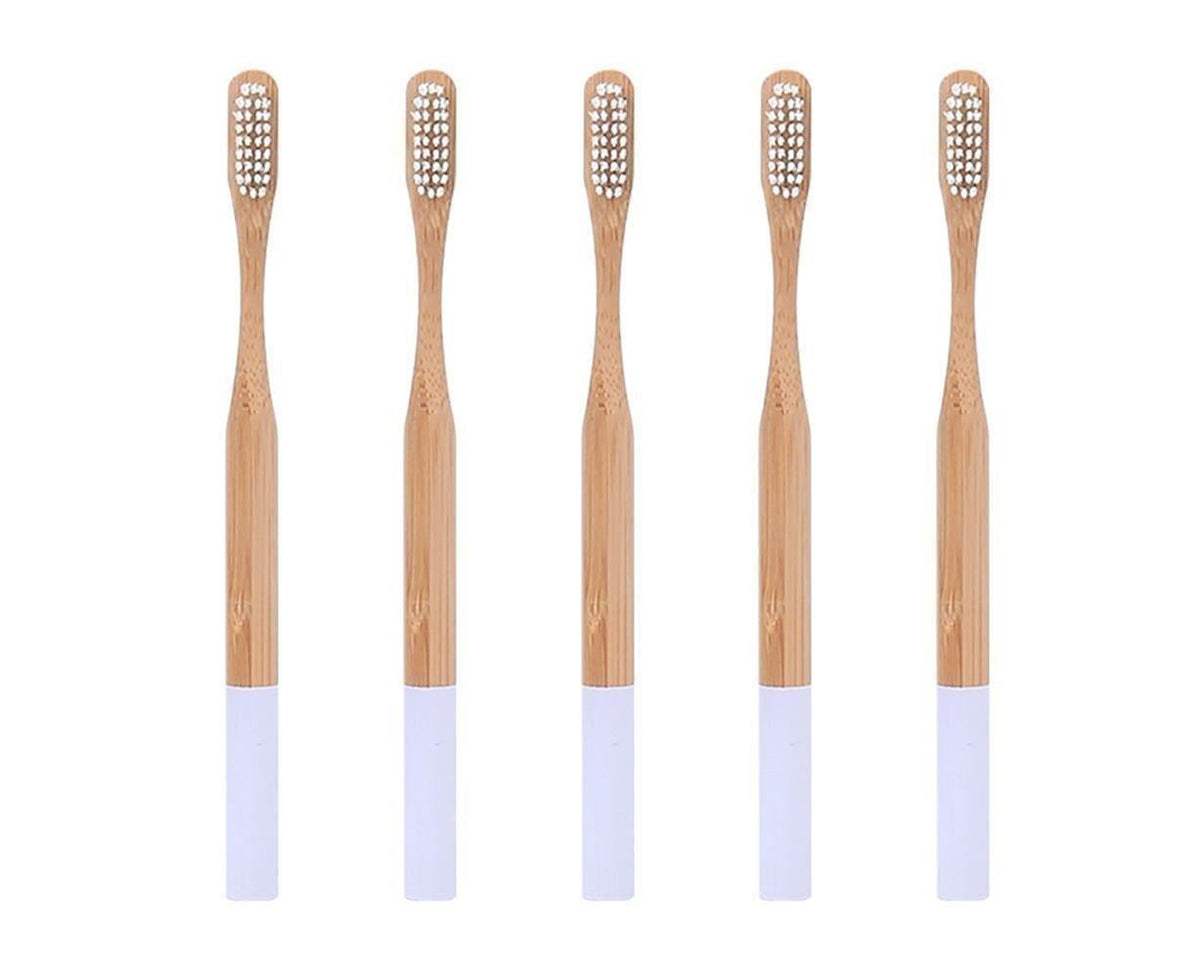 5Pcs Round Bamboo Handle Home Travel Adult Soft Bristles Dental Care Toothbrush-White