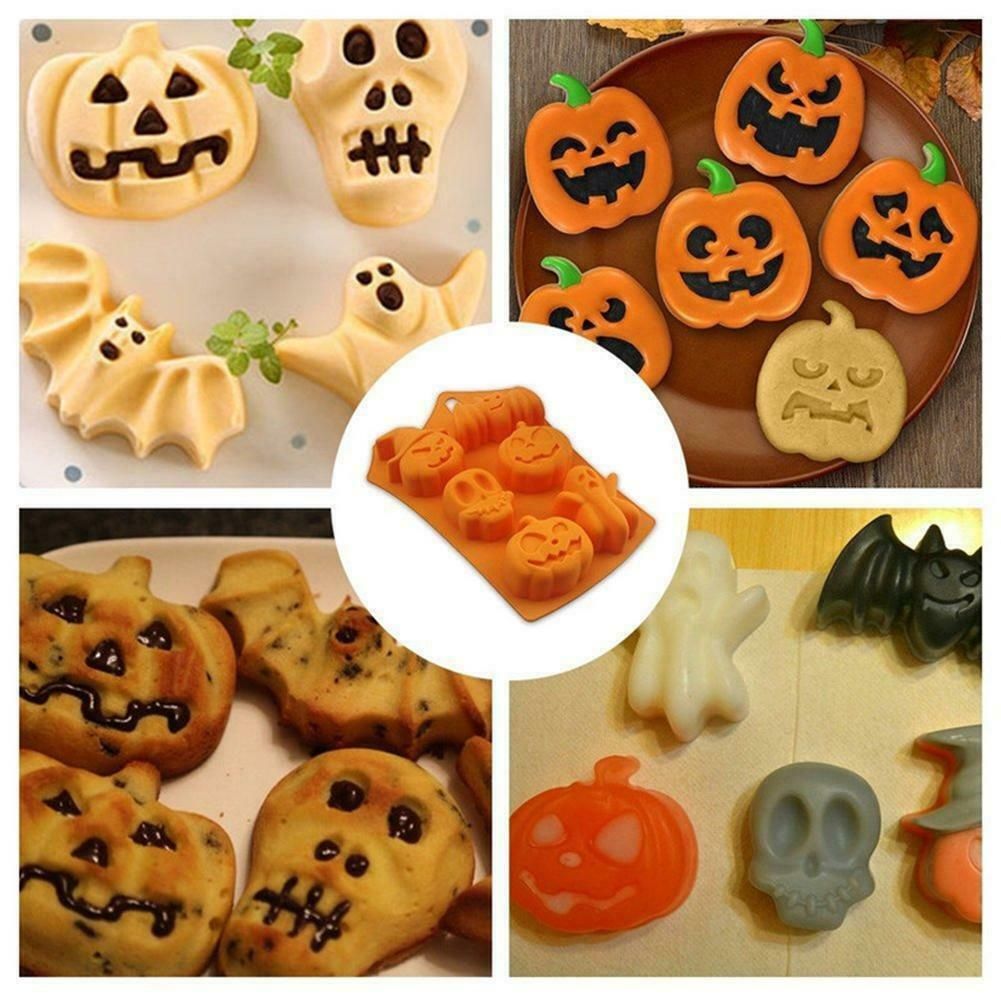 2Pcs Halloween Silicone Baking Molds with Pumpkin Skeleton Head Bat Ghost Shape Cake Mold Cupcake Chocolate Mold Halloween DIY Baking Tools
