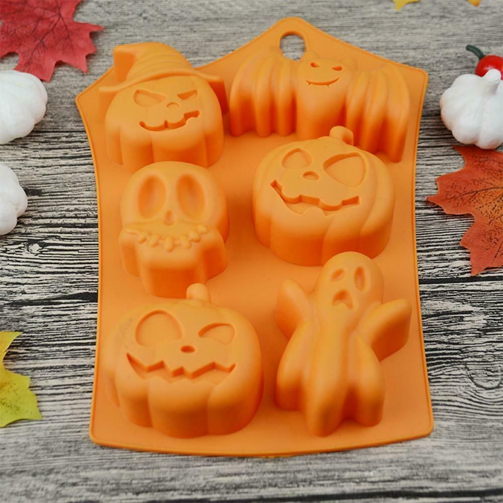 2Pcs Halloween Silicone Baking Molds with Pumpkin Skeleton Head Bat Ghost Shape Cake Mold Cupcake Chocolate Mold Halloween DIY Baking Tools