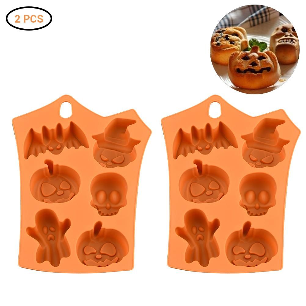 2Pcs Halloween Silicone Baking Molds with Pumpkin Skeleton Head Bat Ghost Shape Cake Mold Cupcake Chocolate Mold Halloween DIY Baking Tools