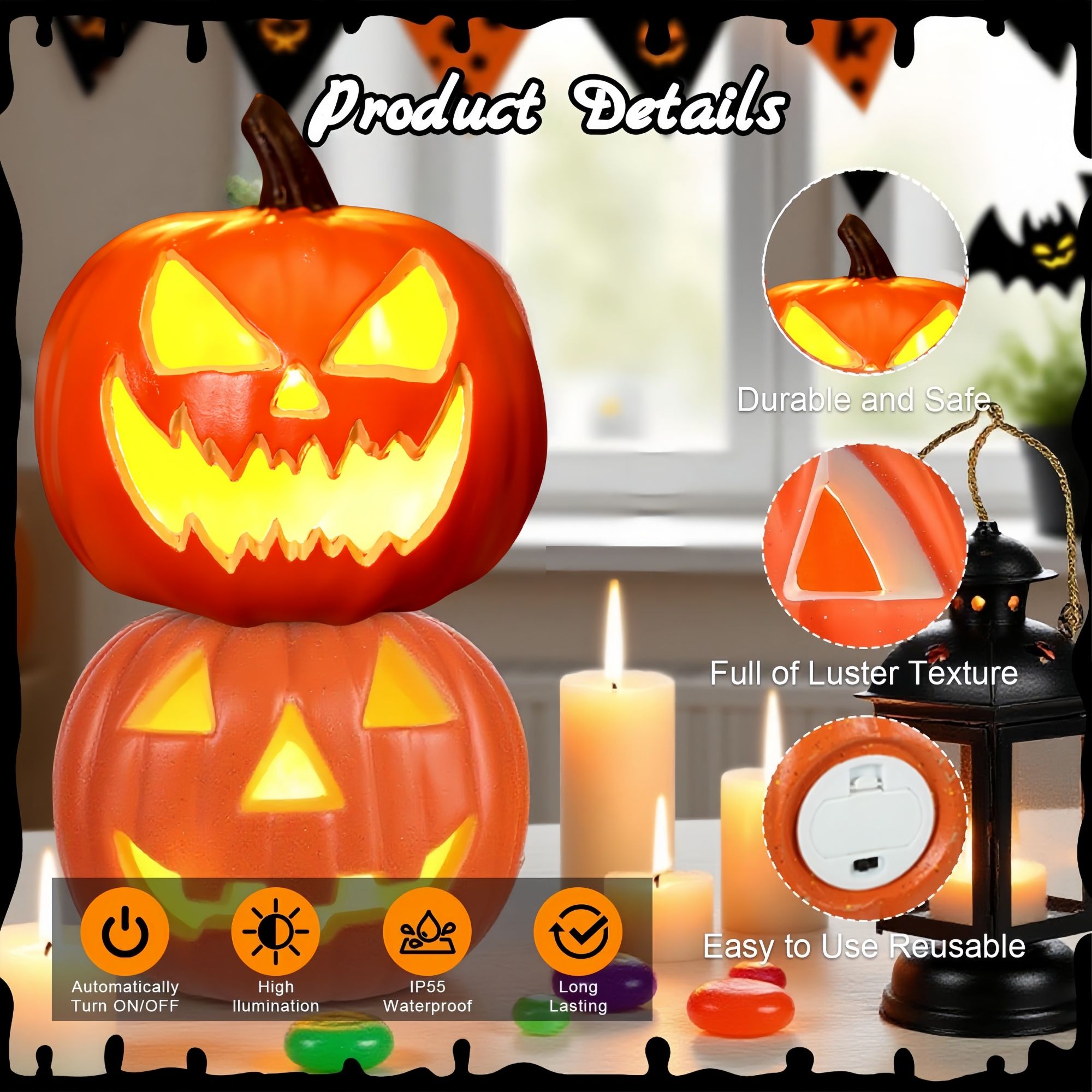 Halloween Decoration Set – Light-Up Pumpkin Lamp,128 Pcs Halloween Party Balloon Garland Arch Kit & Hand Pump for Indoor Outdoor Halloween Porch,Fireplace Funny Decor