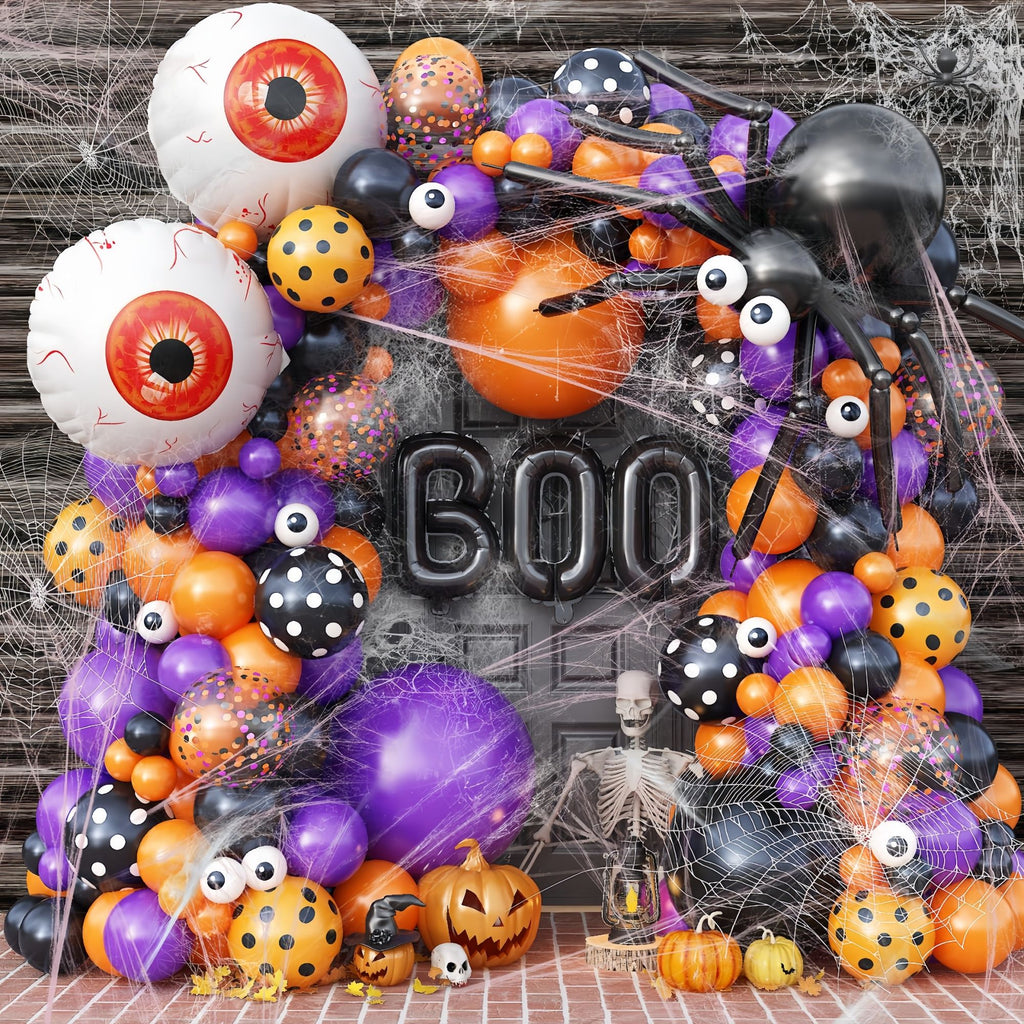 Halloween Decoration Set – Light-Up Pumpkin Lamp,128 Pcs Halloween Party Balloon Garland Arch Kit & Hand Pump for Indoor Outdoor Halloween Porch,Fireplace Funny Decor