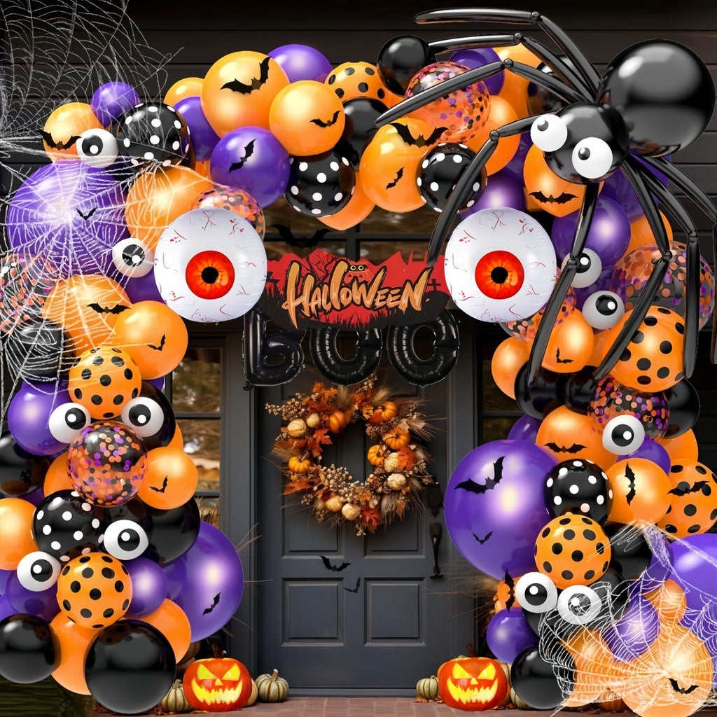 Halloween Decoration Set – Light-Up Pumpkin Lamp,128 Pcs Halloween Party Balloon Garland Arch Kit & Hand Pump for Indoor Outdoor Halloween Porch,Fireplace Funny Decor