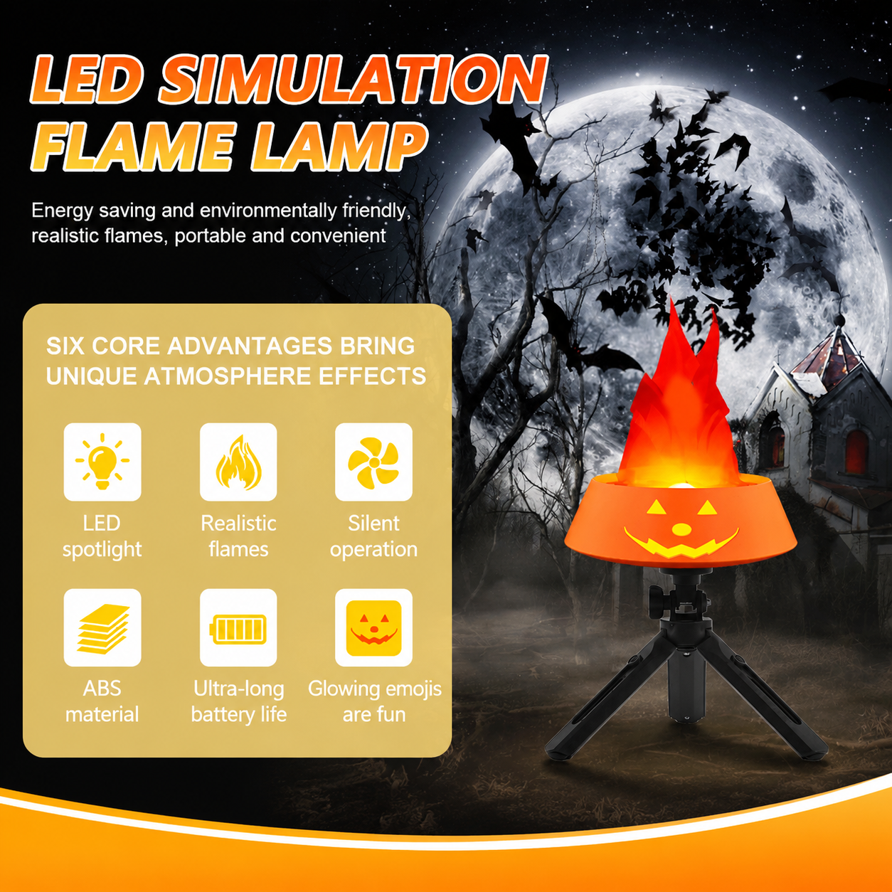LED Halloween Jack-o'-Lantern Flame Effect Lamp with Dancing Silk Fabric Flame, Rechargeable Atmosphere Light for Party, Bar, Camping, and Home Decor, Dual Color Options Available (Black, Blue Flame)