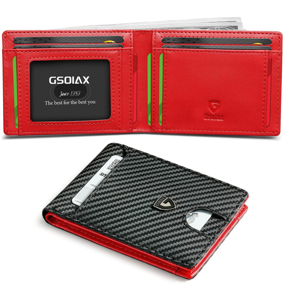 Men's Slim Leather Bifold Wallet - RFID Blocking, 11 Card Slots, ID Window(Twill black and red)