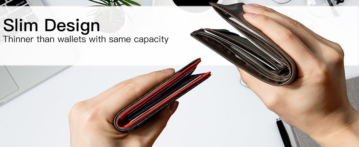Men's Slim Leather Bifold Wallet - RFID Blocking, 11 Card Slots, ID Window(Carbon Orange Twill)