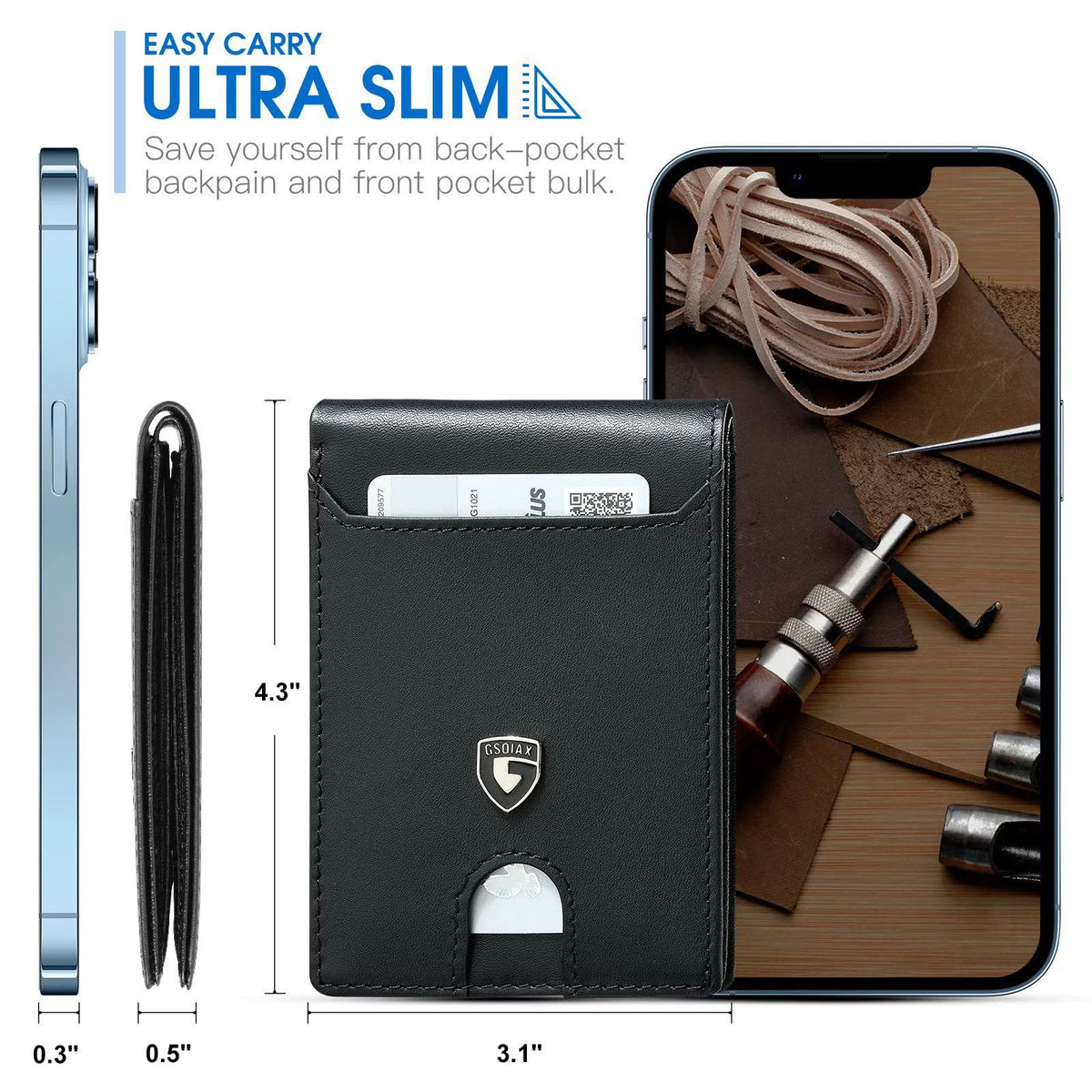 Men's Slim Leather Bifold Wallet - RFID Blocking, 11 Card Slots, ID Window(Carbon Silver)