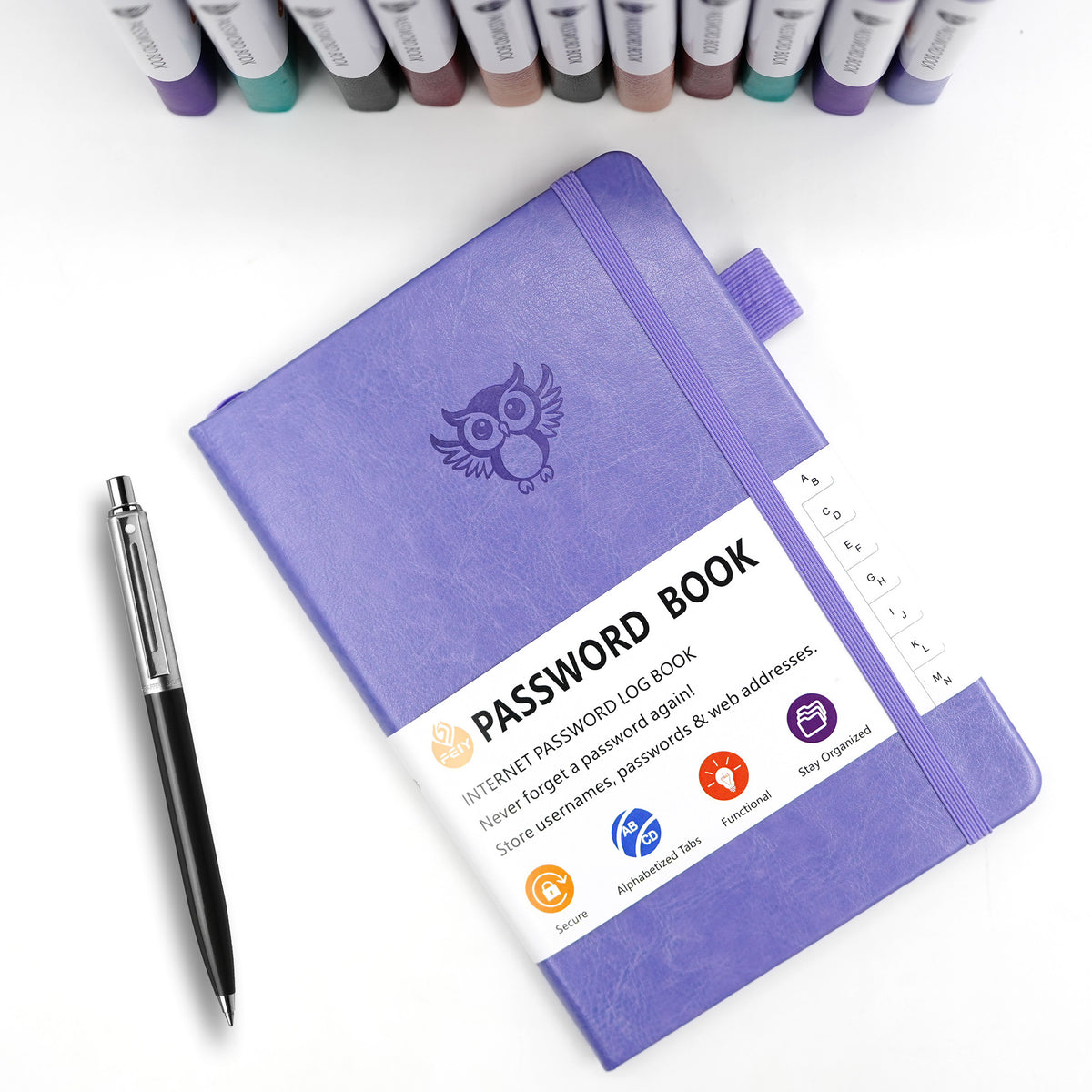 Rose Gold Password Log Book with Alphabetical Tabs Internet Address Organizer Small PU Leather Notebook with Owl Design Pen Holder and Inner Pocket Ideal for Home and Office