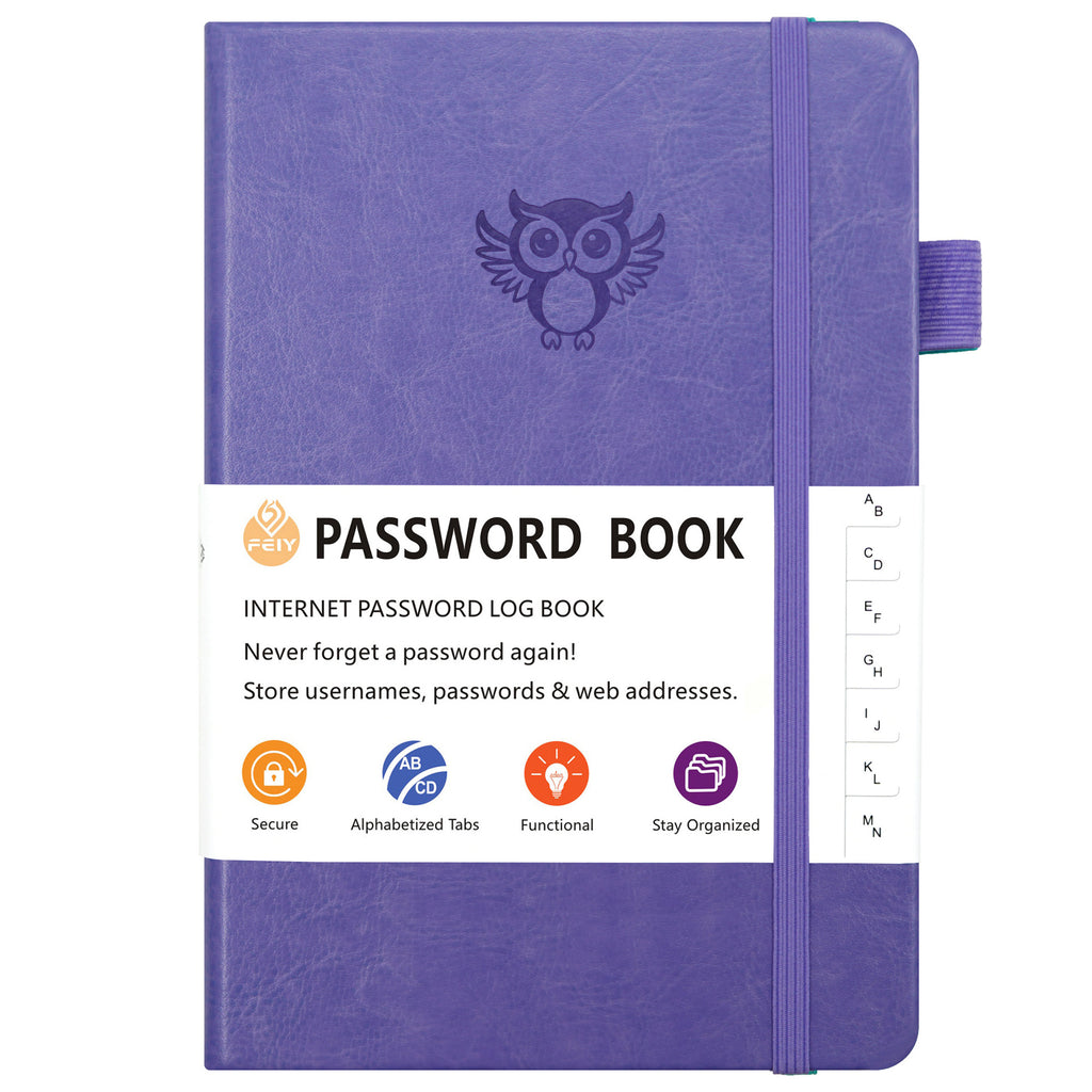 Light purple Password Log Book with Alphabetical Tabs Internet Address Organizer Small PU Leather Notebook with Owl Design Pen Holder and Inner Pocket Ideal for Home and Office