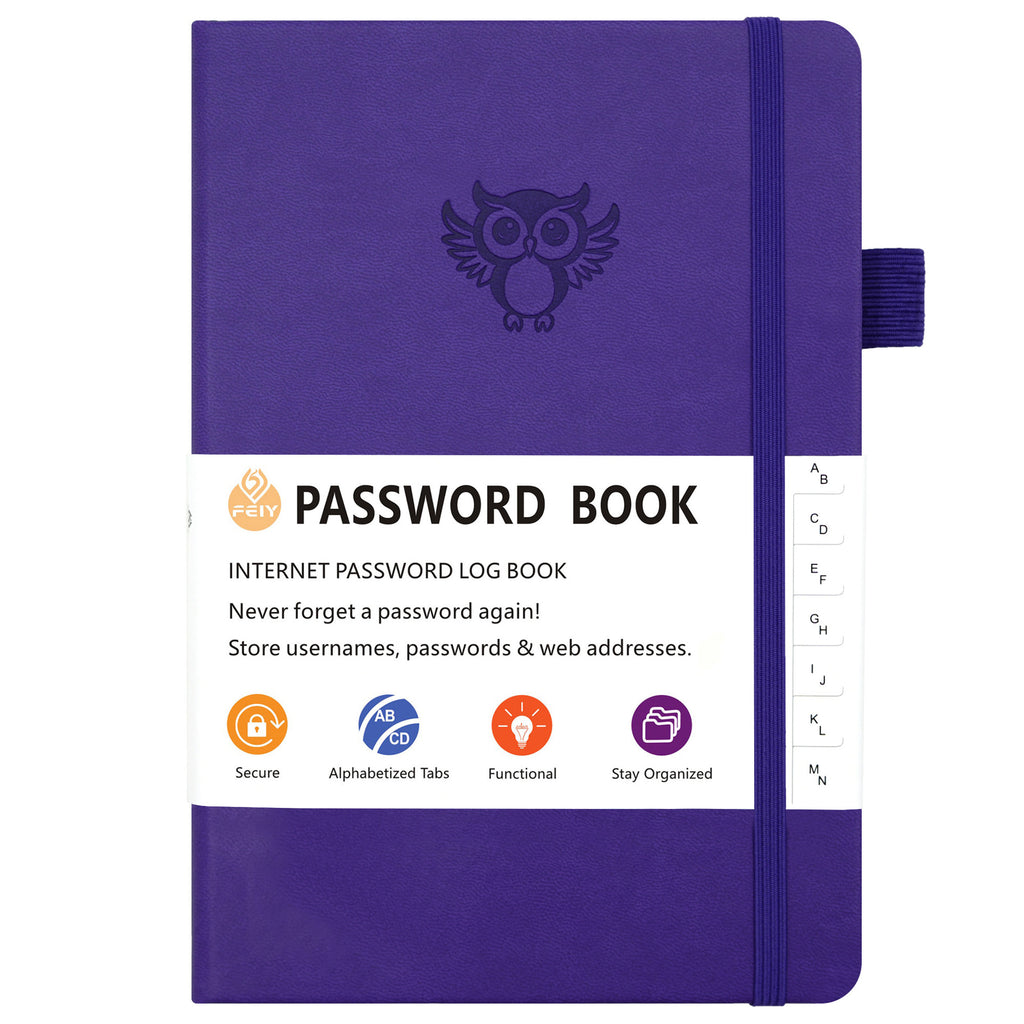 Deep purple Password Log Book with Alphabetical Tabs Internet Address Organizer Small PU Leather Notebook with Owl Design Pen Holder and Inner Pocket Ideal for Home and Office