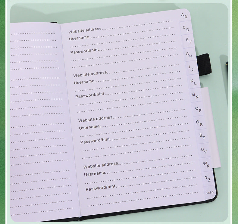 Black Password Book with Alphabetical Tabs B6 Hardcover Internet Address Logbook & Password Organizer with Pen Loop Elastic Band and Inner Pocket