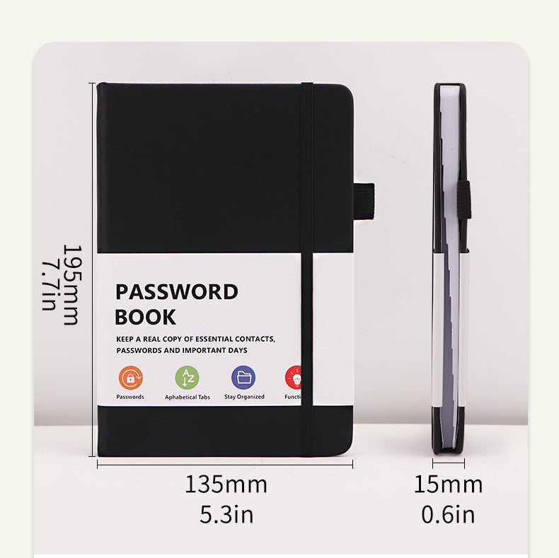 Black Password Book with Alphabetical Tabs B6 Hardcover Internet Address Logbook & Password Organizer with Pen Loop Elastic Band and Inner Pocket