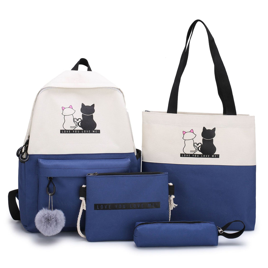 4-Piece Blue Student Backpack Set with Cat Print - Durable Canvas School Bag Combo - Includes Backpack, Tote Bag, Crossbody Bag & Pencil Case