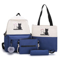 4-Piece Blue Student Backpack Set with Cat Print - Durable Canvas School Bag Combo - Includes Backpack, Tote Bag, Crossbody Bag & Pencil Case