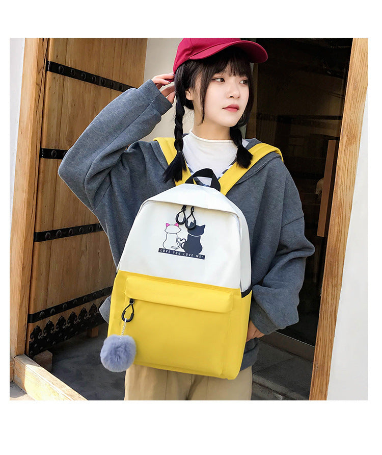 4-Piece Blue Student Backpack Set with Cat Print - Durable Canvas School Bag Combo - Includes Backpack, Tote Bag, Crossbody Bag & Pencil Case