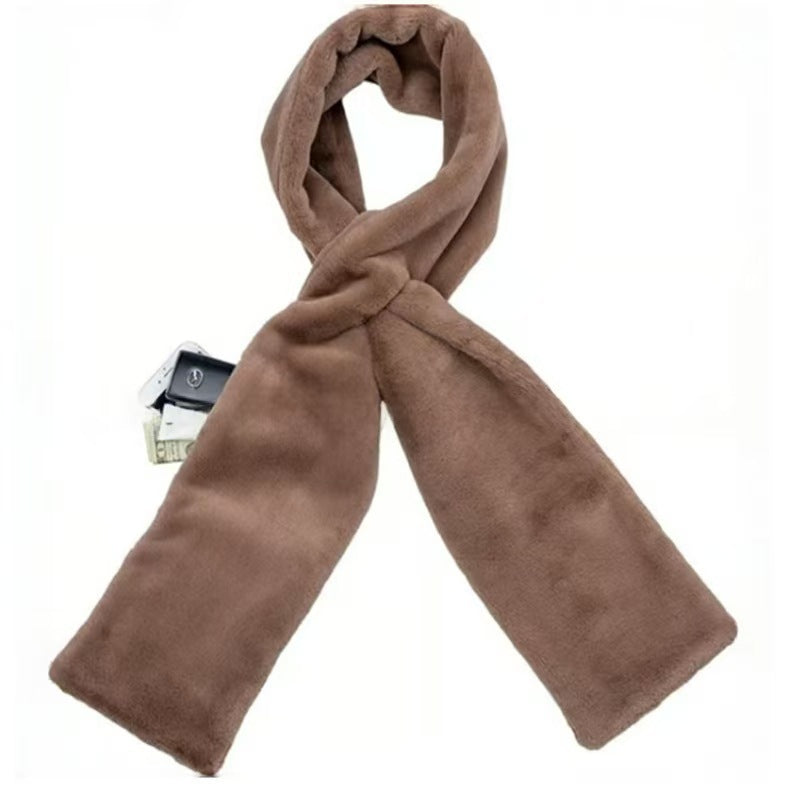 Brown Faux Fur Travel Scarf with Hidden Zipper Pocket (15x20cm) – Anti-Theft for Phone & Passport