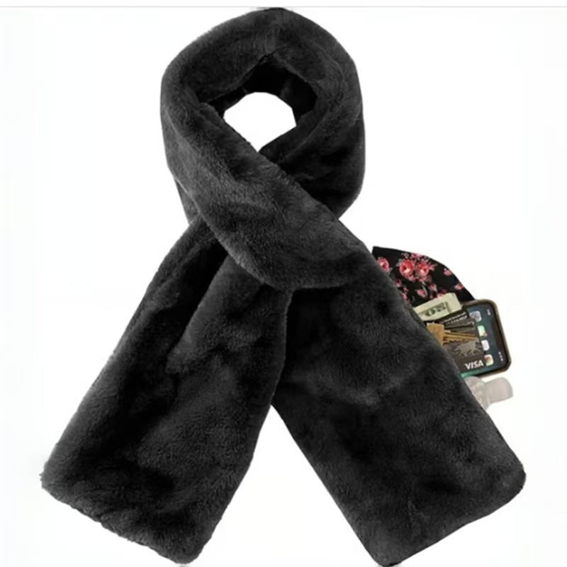 Black Faux Fur Travel Scarf with Hidden Zipper Pocket (15x20cm) – Anti-Theft for Phone & Passport