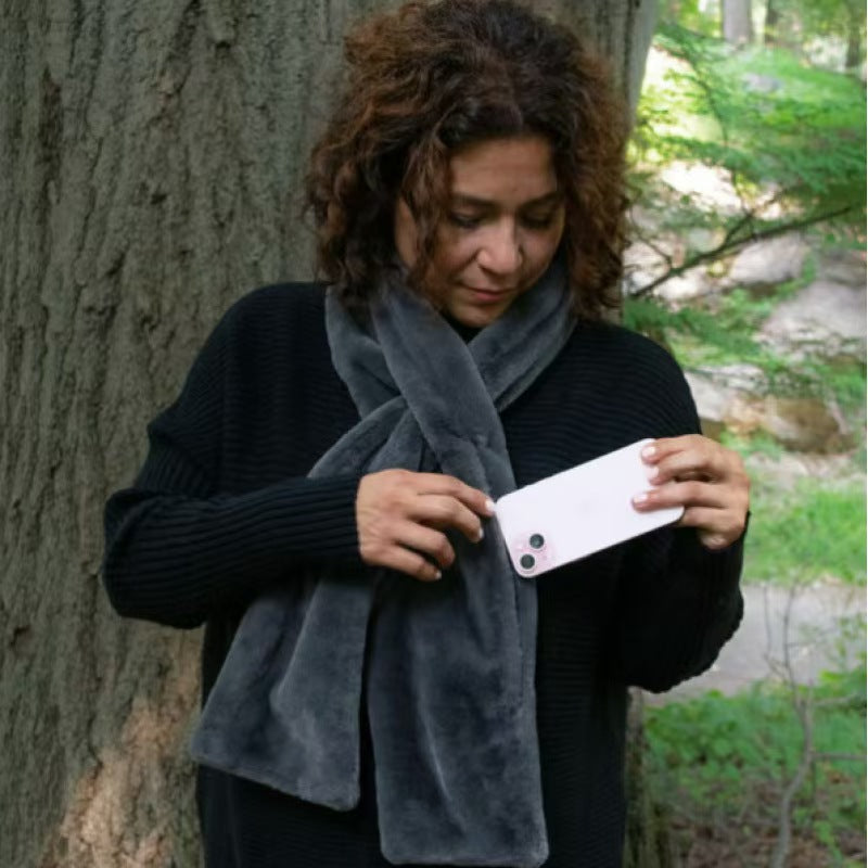 Black Faux Fur Travel Scarf with Hidden Zipper Pocket (15x20cm) – Anti-Theft for Phone & Passport