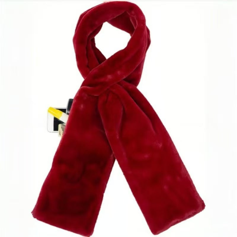 Red Faux Fur Travel Scarf with Hidden Zipper Pocket (15x20cm) – Anti-Theft for Phone & Passport