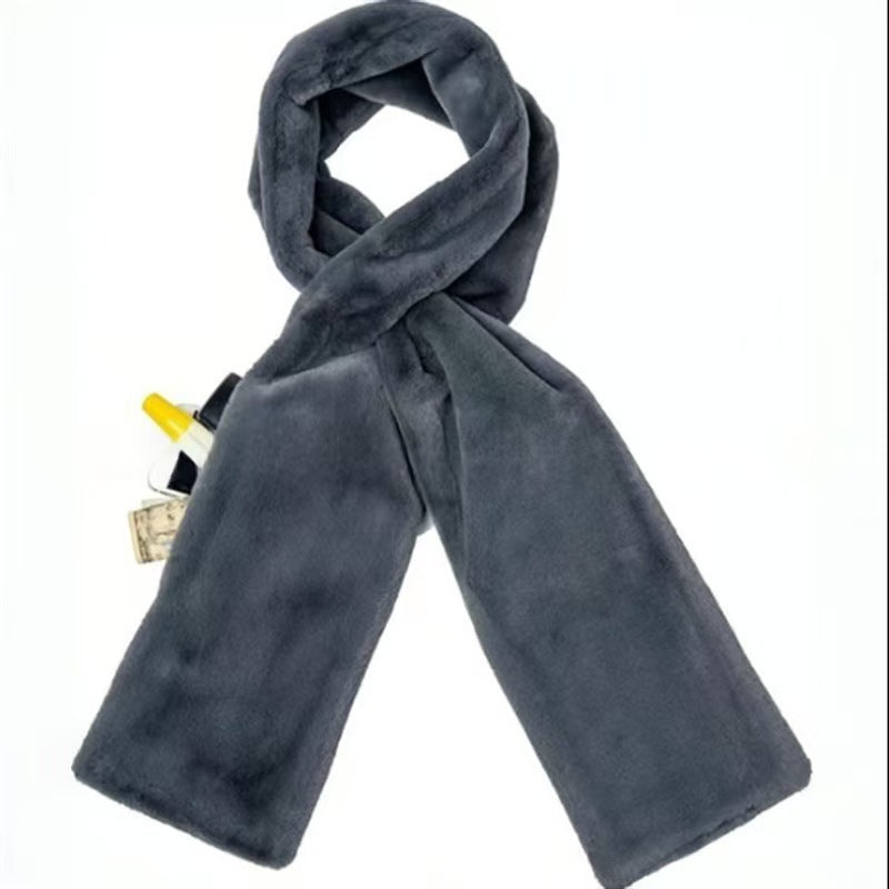 Grey Faux Fur Travel Scarf with Hidden Zipper Pocket (15x20cm) – Anti-Theft for Phone & Passport