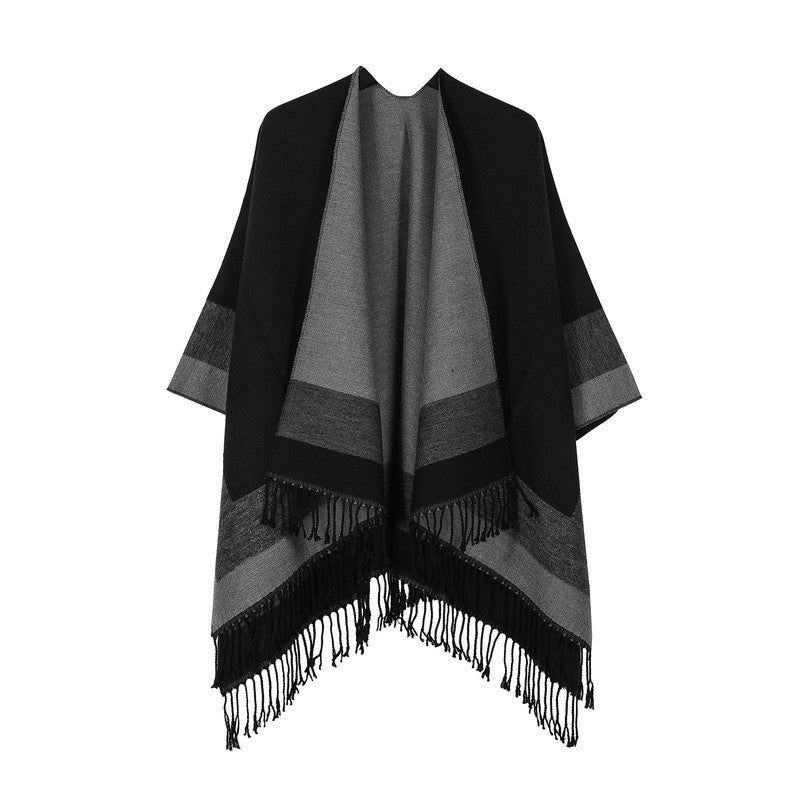 Elegant Black Women’s Tassel Cape Shawl Scarf – Warm, Multi-Functional Winter Wrap for Home, Travel & Office