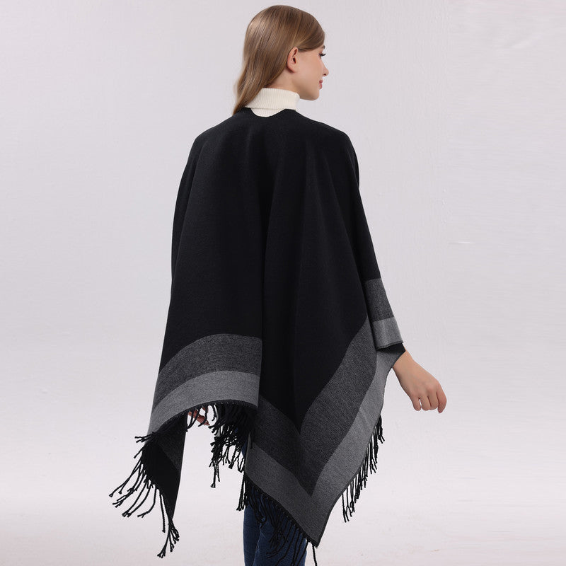 Elegant Black Women’s Tassel Cape Shawl Scarf – Warm, Multi-Functional Winter Wrap for Home, Travel & Office