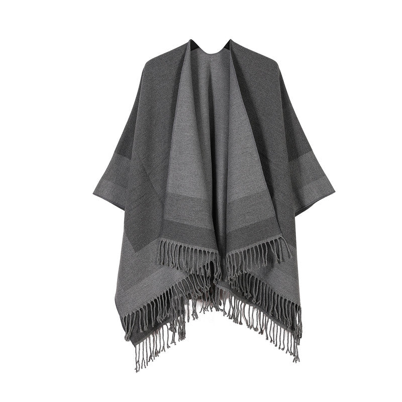 Elegant Grey Women’s Tassel Cape Shawl Scarf – Warm, Multi-Functional Winter Wrap for Home, Travel & Office