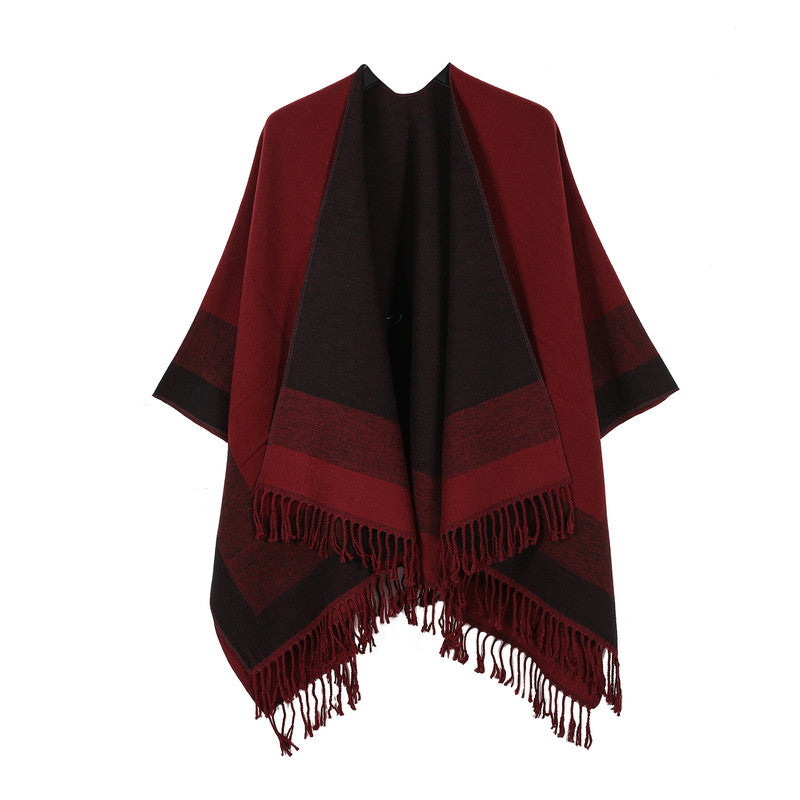 Elegant Red Women’s Tassel Cape Shawl Scarf – Warm, Multi-Functional Winter Wrap for Home, Travel & Office