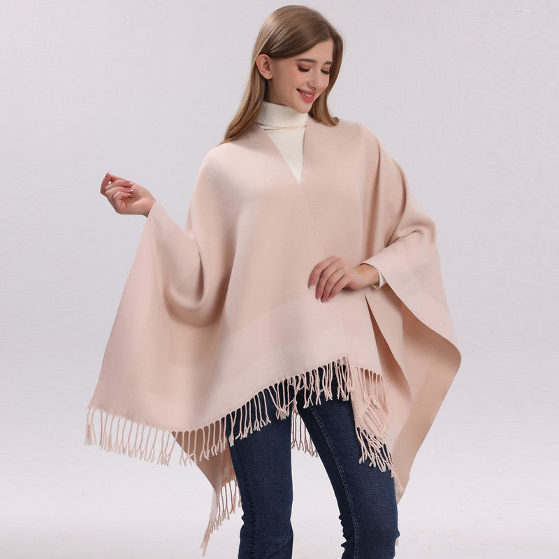 Elegant Pink Women’s Tassel Cape Shawl Scarf – Warm, Multi-Functional Winter Wrap for Home, Travel & Office