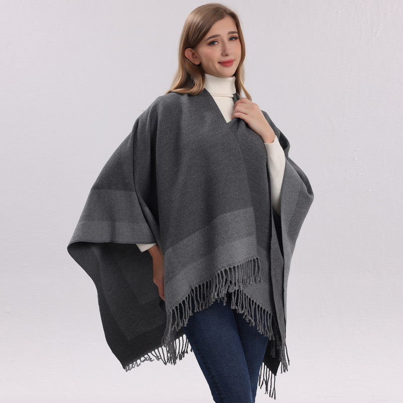 Elegant Pink Women’s Tassel Cape Shawl Scarf – Warm, Multi-Functional Winter Wrap for Home, Travel & Office