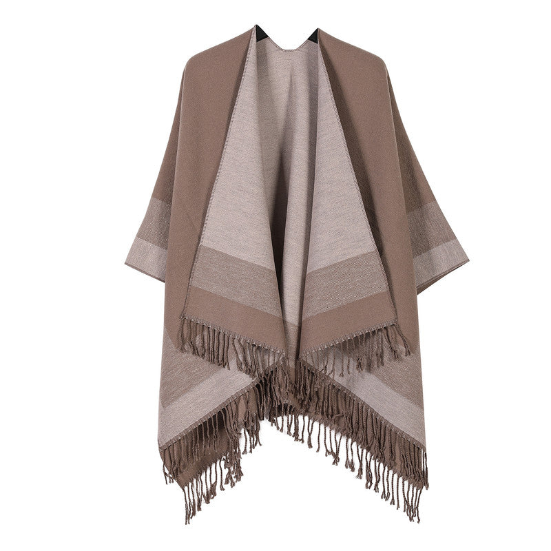 Elegant Khaki Women’s Tassel Cape Shawl Scarf – Warm, Multi-Functional Winter Wrap for Home, Travel & Office