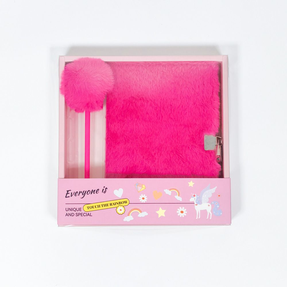Rose Red Plush A5 Notebook and Pom Pom Pen Gift Box with Privacy Lock & Key - Soft Faux Fur Diary, Secure Personal Journal, Perfect Gift-Ready Stationery for Girls and Teens
