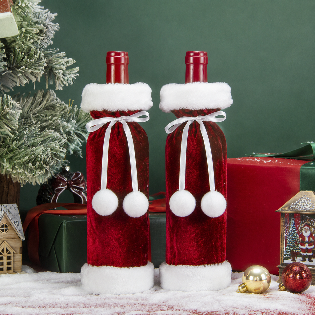 2 Pack Red Christmas Velvet Wine Bottle Covers with Faux Fur Trim Reusable Wine Bottle Gift Bags for Holiday Table Decor and Christmas Party Decorations