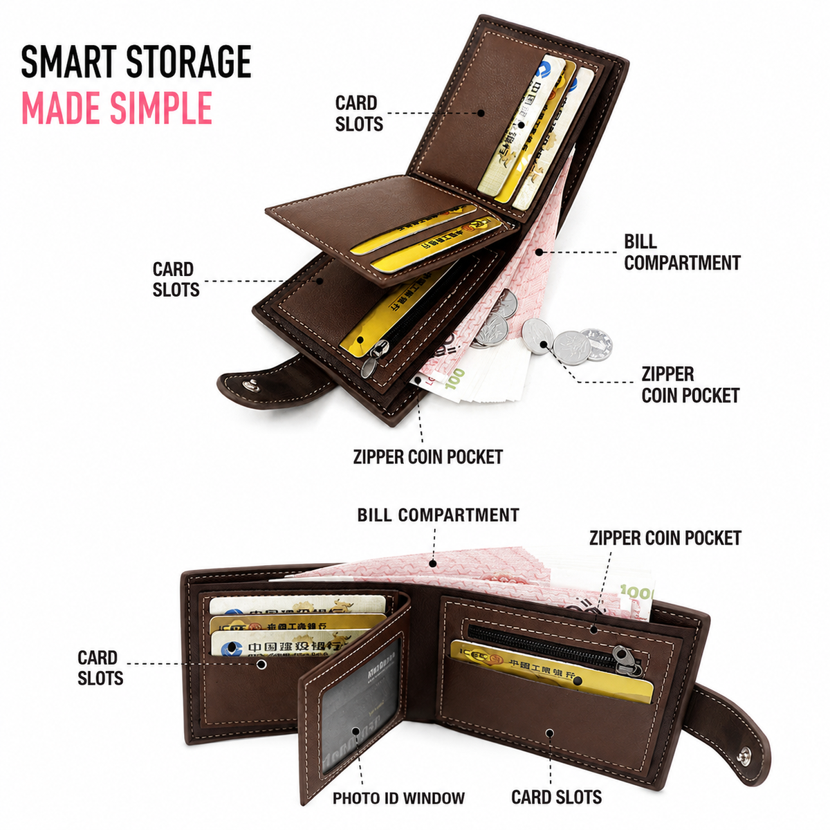 Brown Mens Frosted PU Leather Trifold Wallet with Coin Zipper Pocket, Bill / Card Slots and ID Window, Australian Father's Day Gift