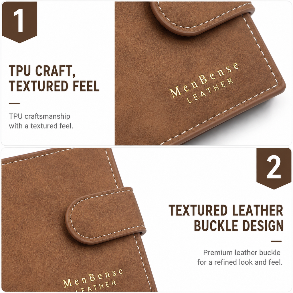 Brown Mens Frosted PU Leather Trifold Wallet with Coin Zipper Pocket, Bill / Card Slots and ID Window, Australian Father's Day Gift