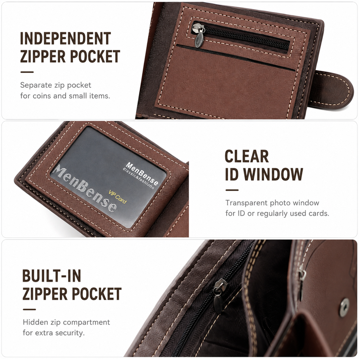 Coffee Mens Frosted PU Leather Trifold Wallet with Coin Zipper Pocket, Bill / Card Slots and ID Window, Australian Father's Day Gift