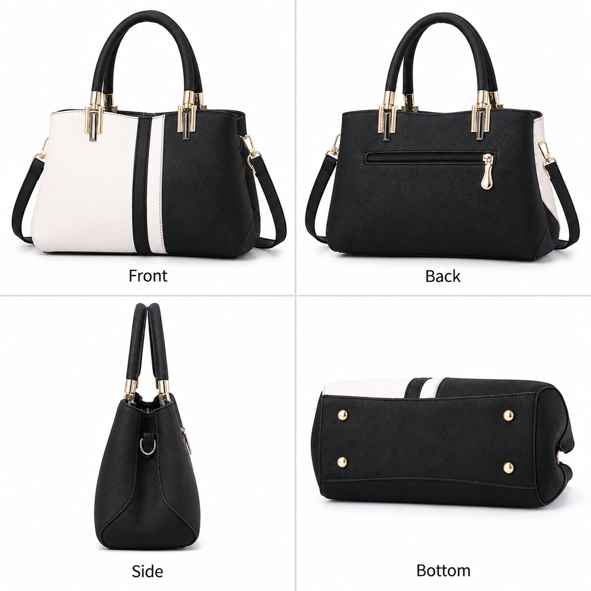Large Capacity Color Block PU Leather Handbag, Square Shoulder Crossbody Bag with Bottom Rivets & Multi‑Pocket Storage for Daily Casual Use, Pink and White 29 x 21 x 14CM