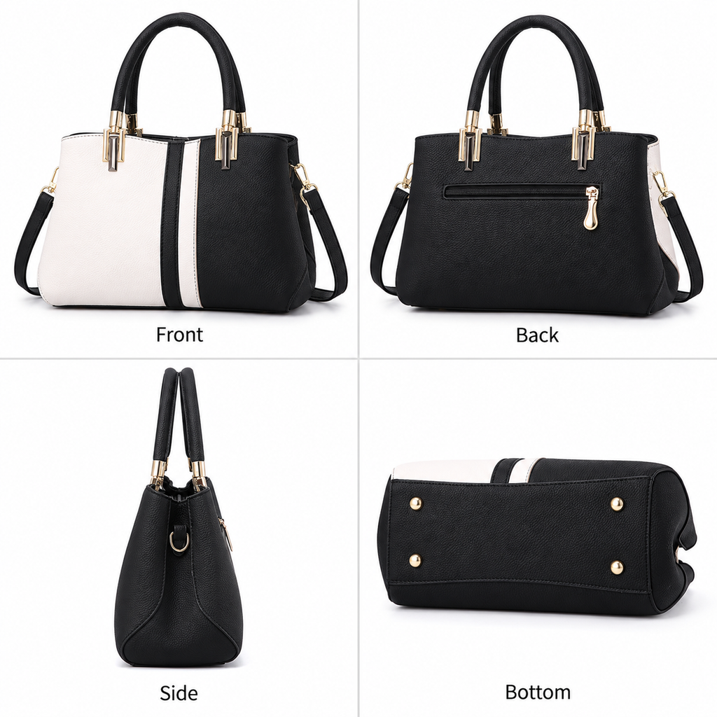 Large Capacity Color Block PU Leather Handbag, Square Shoulder Crossbody Bag with Bottom Rivets & Multi‑Pocket Storage for Daily Casual Use, Grey and White 29 x 21 x 14CM